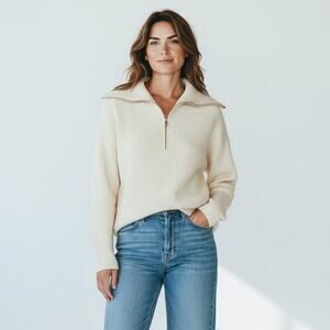 J. Crew Collection Ribbed Cashmere Half-Zip Sweater Women's Sz L Cream Relaxed